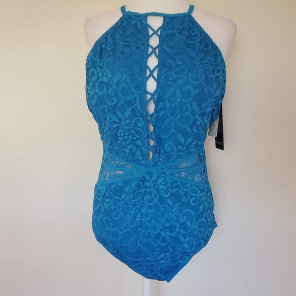 Profile by Gottex Blue Lace High Neck Swimsuit New - Picture 3 of 8